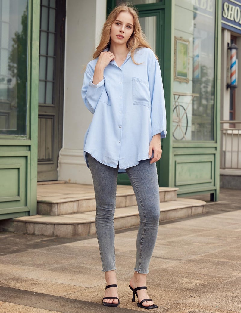 Yimoon Womens Denim Shirt Chambray Blue Button Down Jean Shirt Denim Tops Soft Tencel Casual 3/4 Sleeve Jackat(LightBlue-L) - Image 2